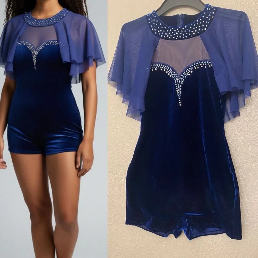 Blue Velvet solo Dance Costume modest custom illusion stoned SA-Small adult